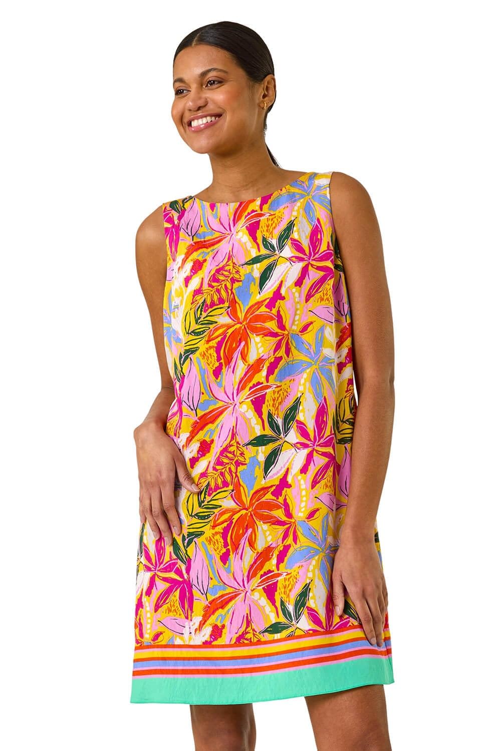 Roman Originals Sleeveless Shift Dress for Women UK Ladies Stretchy Summer Holiday Cruise Beach Casual Going Out Garden Party Lightweight Round Neck Comfortable Day Tropical Pink