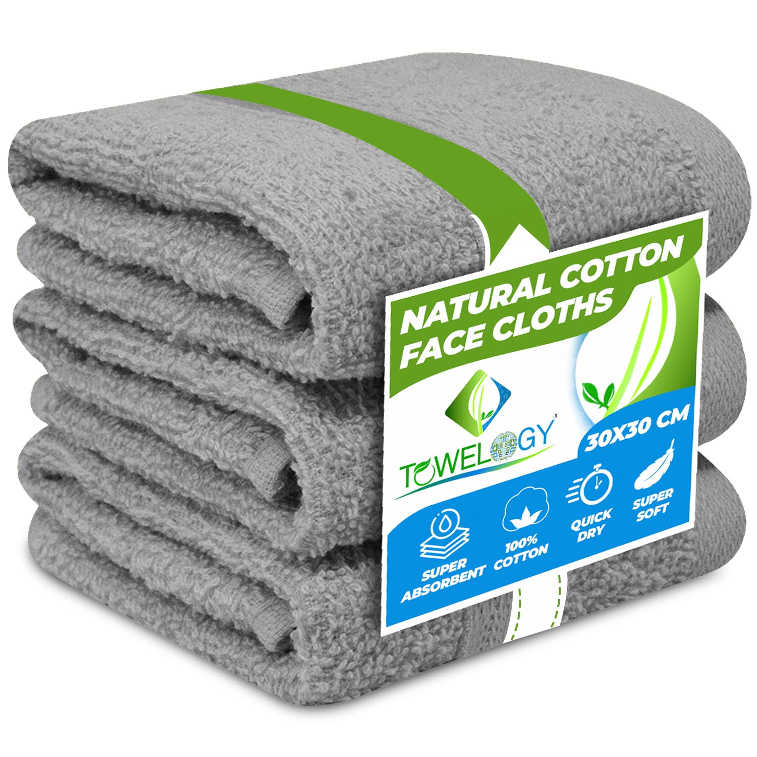 Towelogy® Premium Flannel Face Cloth 3-Pack 100% Egyptian Cotton Ring Spun Super Soft Washcloth 30x30cm for Cleansing Makeup Remover Spa & Gym Face Towels (Silver, 3)