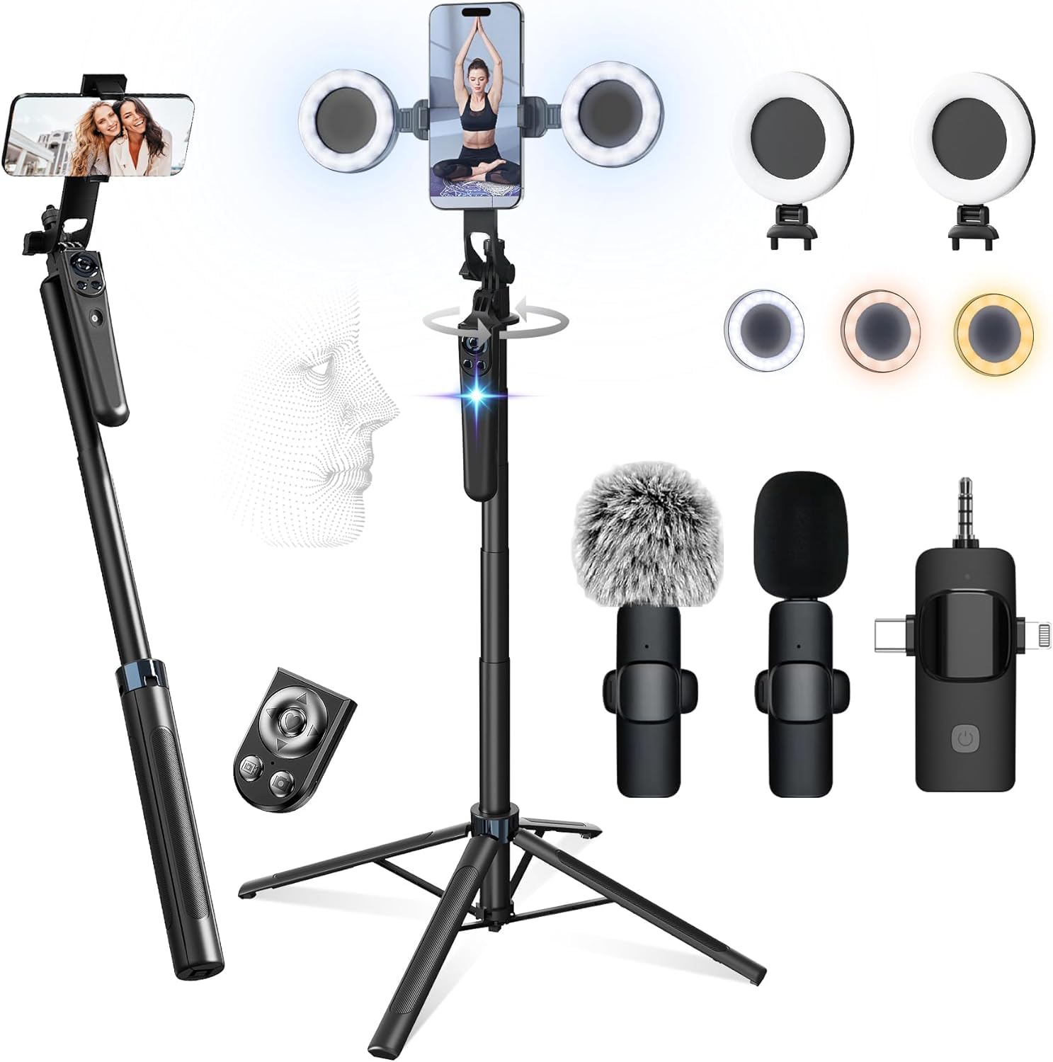 Kit vlogging per iPhone/Android, 63 "Auto Face Tracking Treppiede per iPhone con Luce, Microfoni Wireless, Scrolling Remote Control per TikTok, Content Creator Kit per YouTube Starter Live Streaming