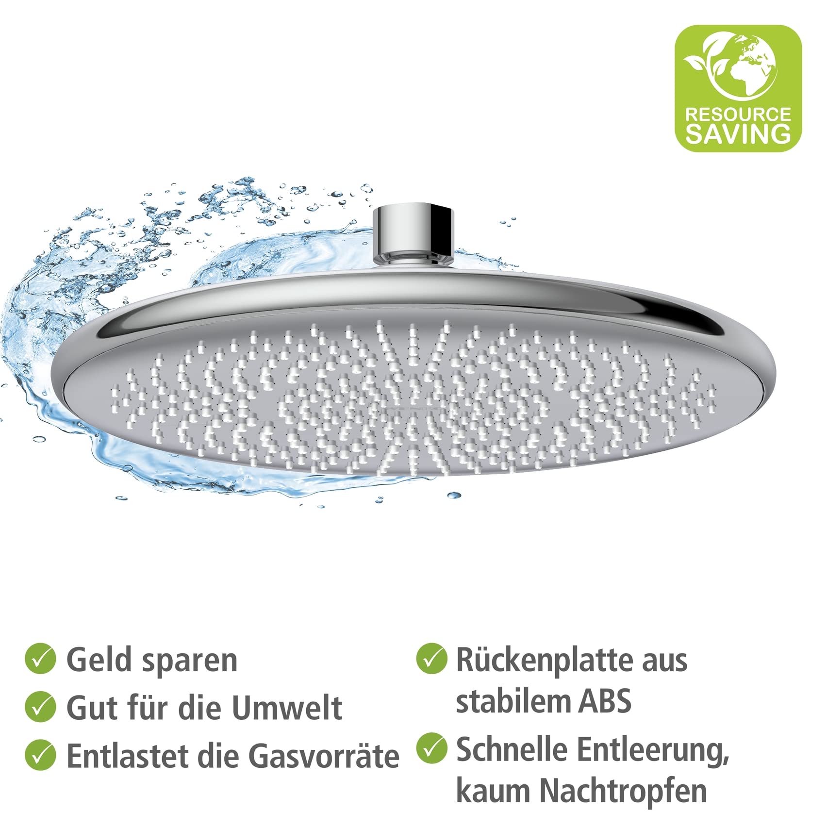 WENKO Wasserspar Regenduschkopf Watersaving, Kopfbrause mit Wasserspar-System, ABS, Chrom/Grau, rund, Ø 22,5 cm