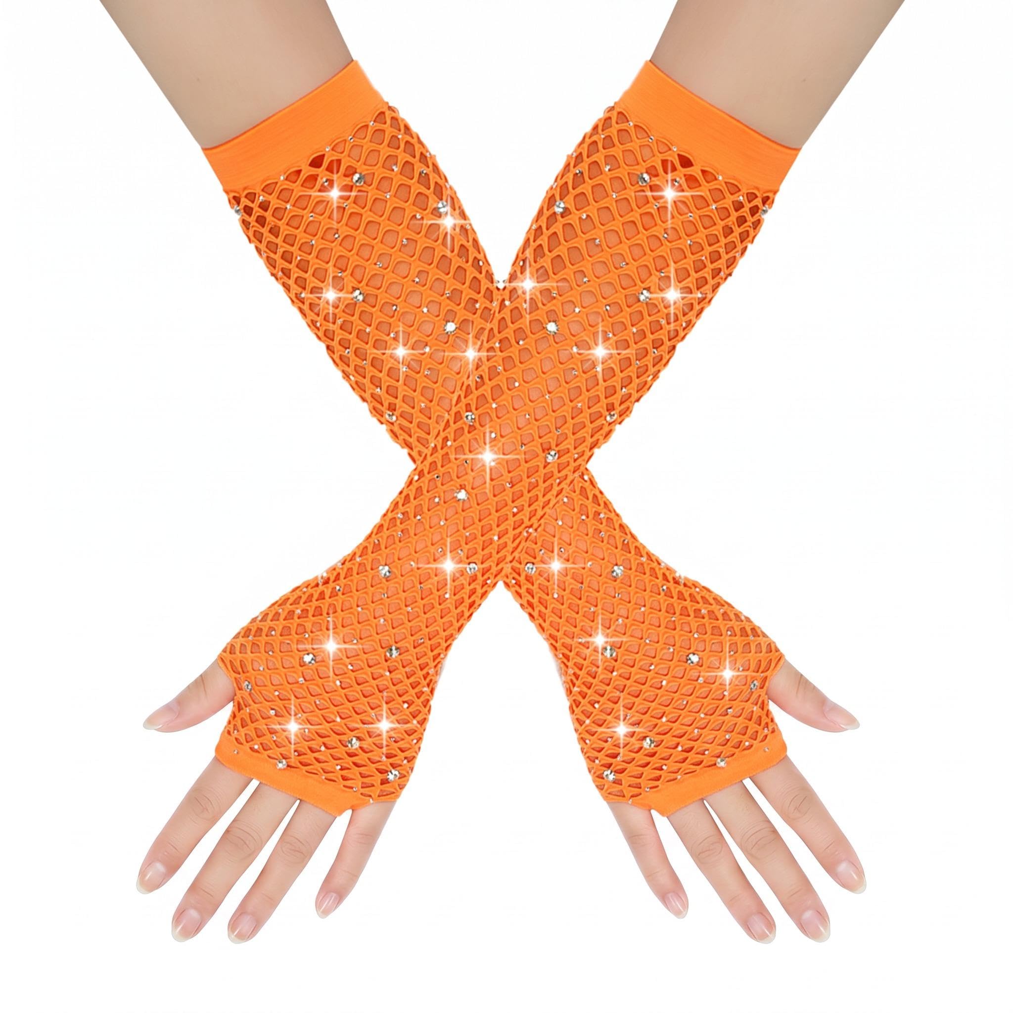 FEWOFJ Rhinestone Fingerless Fishnet Gloves 80s Costume Halloween for Women Orange