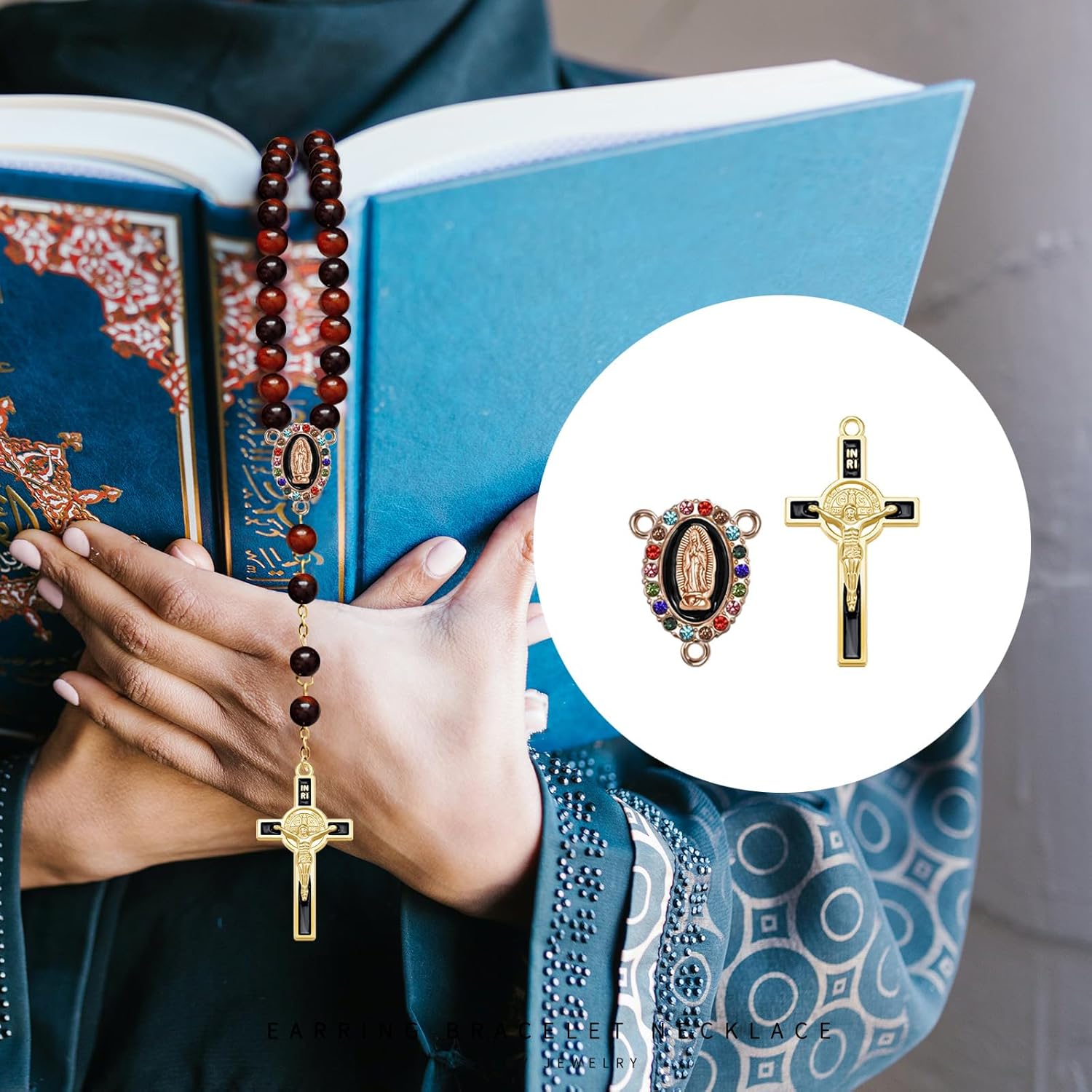 48Pcs/24Sets Rosary Making Kits Supplies Religion Cross and Center Medal Charms Alloy Enamel Rhinestones Virgen de Guadalupe Pendant for Diy Catholic Prayer Necklace - Image 3