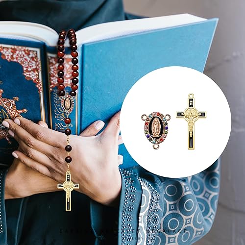 Miniatura 3 de 48 unids24 juegos de kits de fabricación de rosario, suministros de religión, cruz y centro de medallas, dijes de aleación esmaltada de diamantes de