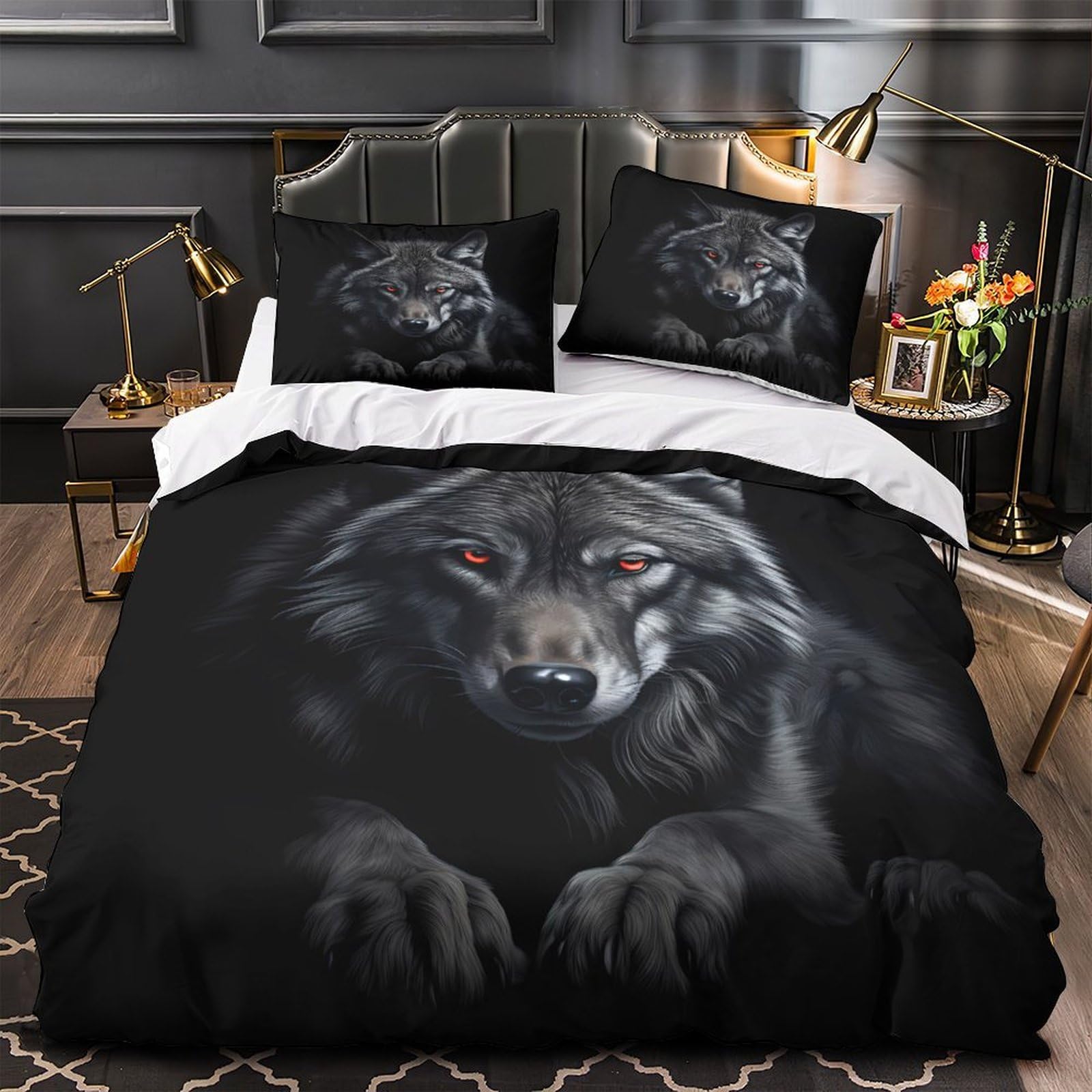 Housse de couette loup 220x240 parure de lit 3D microfibre hypoallergique fermeture éclair