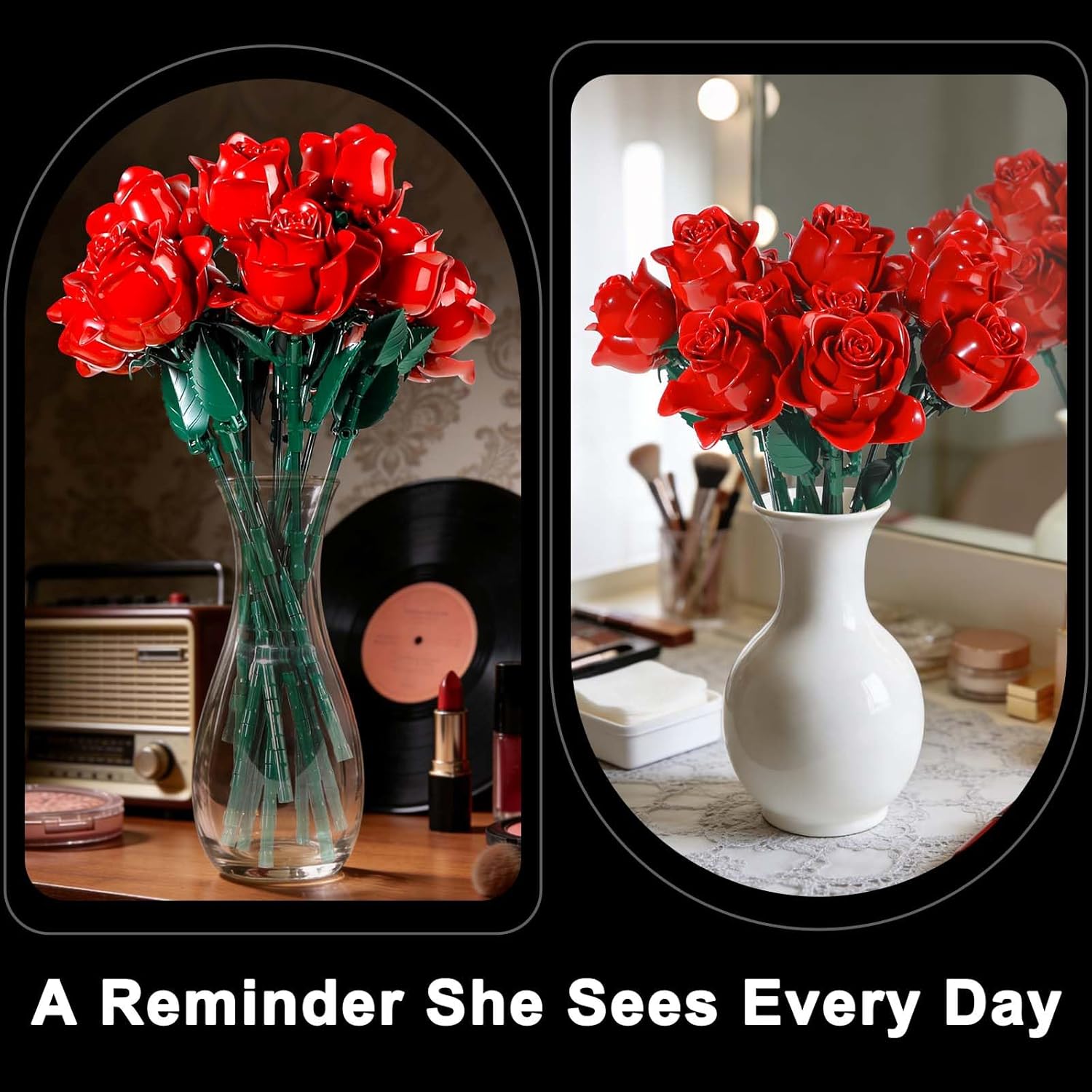Mother‘s Day Red Rose Building Blocks Bouquet Set Gifts for Mom,12 Pcs Artificial Flower Display Kit, Everlasting Floral Home Decor, Mother‘s Gift for Mom, Grandma, Wife, Women