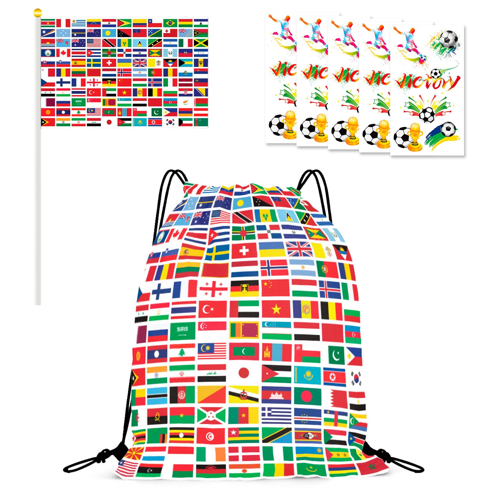 World Cup Football 2026 Drawstring Backpack Set with Flags World Cup 2026Accessories for Fans, Boys Girls Party Favors, Souvenirs & Multi-Nation Souvenir Gear - 1
