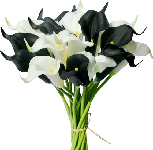 Mandy's 20pcs Black and White Calla Lily Artificial Flowers | 13.5 Inch PU Realistic Bouquet for Vase Elegant Home Decor Centerpiece Wedding Bridal Bouquet Table Decoration