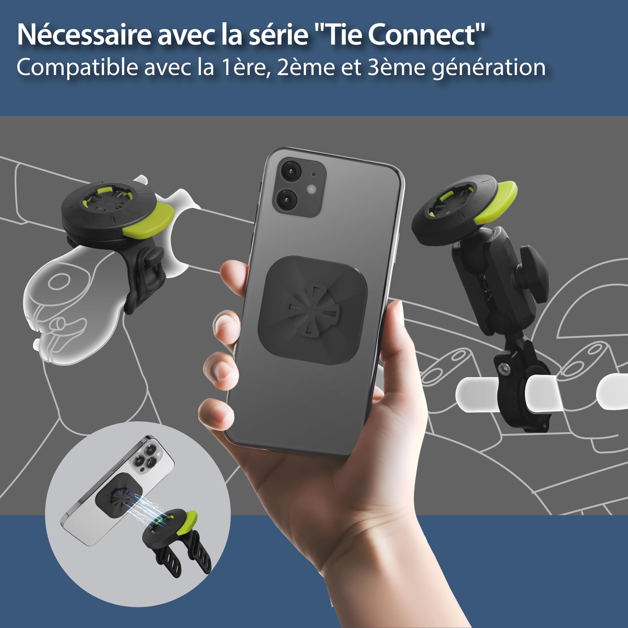 Bone Bike Tie Connect Kit 3 - Sticker, Support téléphone vélo magnétique Universel pour Potence, Rotation 360°, libération Rapide, Verrouillage sécurisé, Antichoc, Compatible Smartphones 4,7"–7,2"