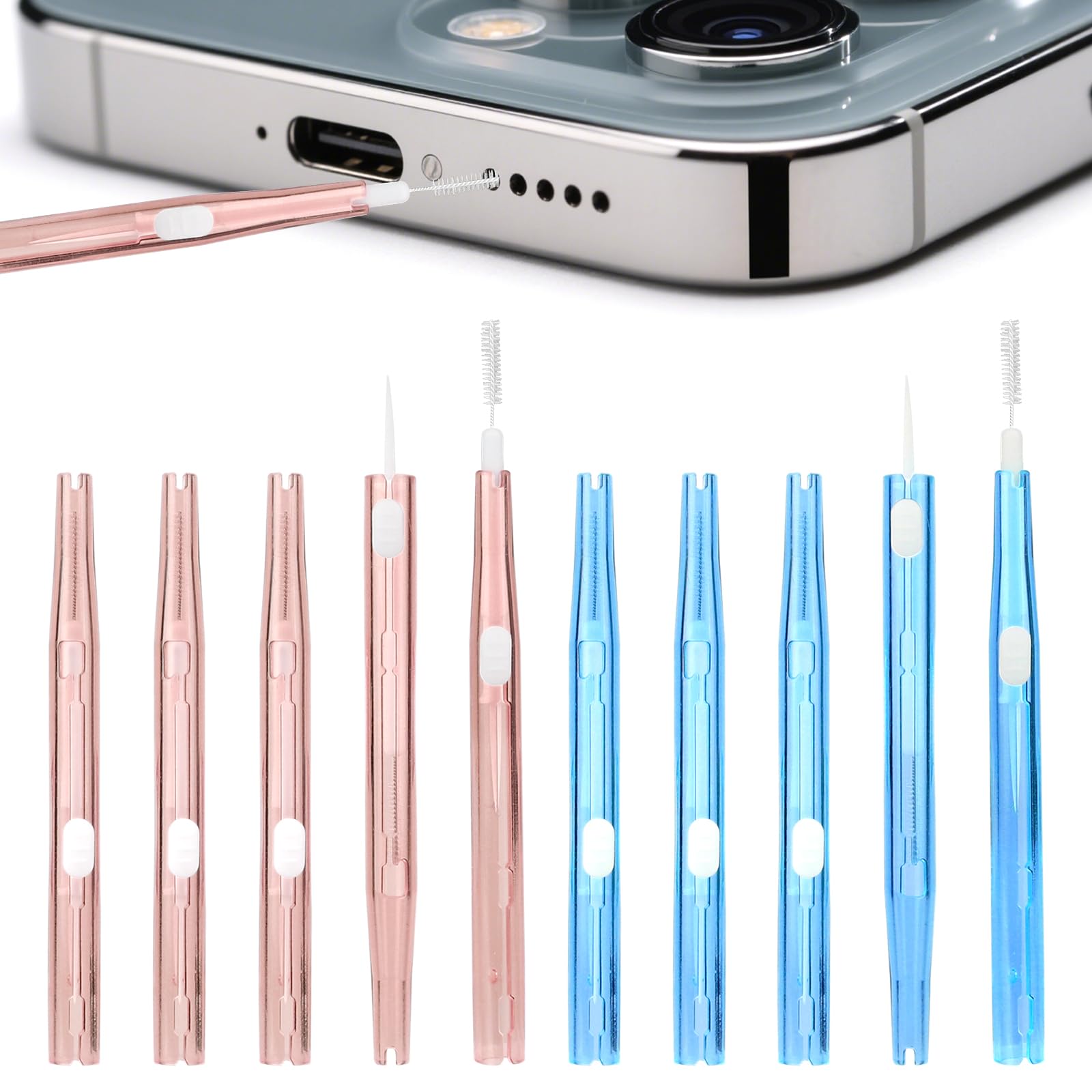 10pcs Phone Cleaning Kit, Anti-Clogging Bristles & Hook Charging Port Cleaning Brush Double-Sided Dust Remover Charger USB C Cleaner Tools for Mobile Phone Earbud Speaker Headphone (Pink and Blue)