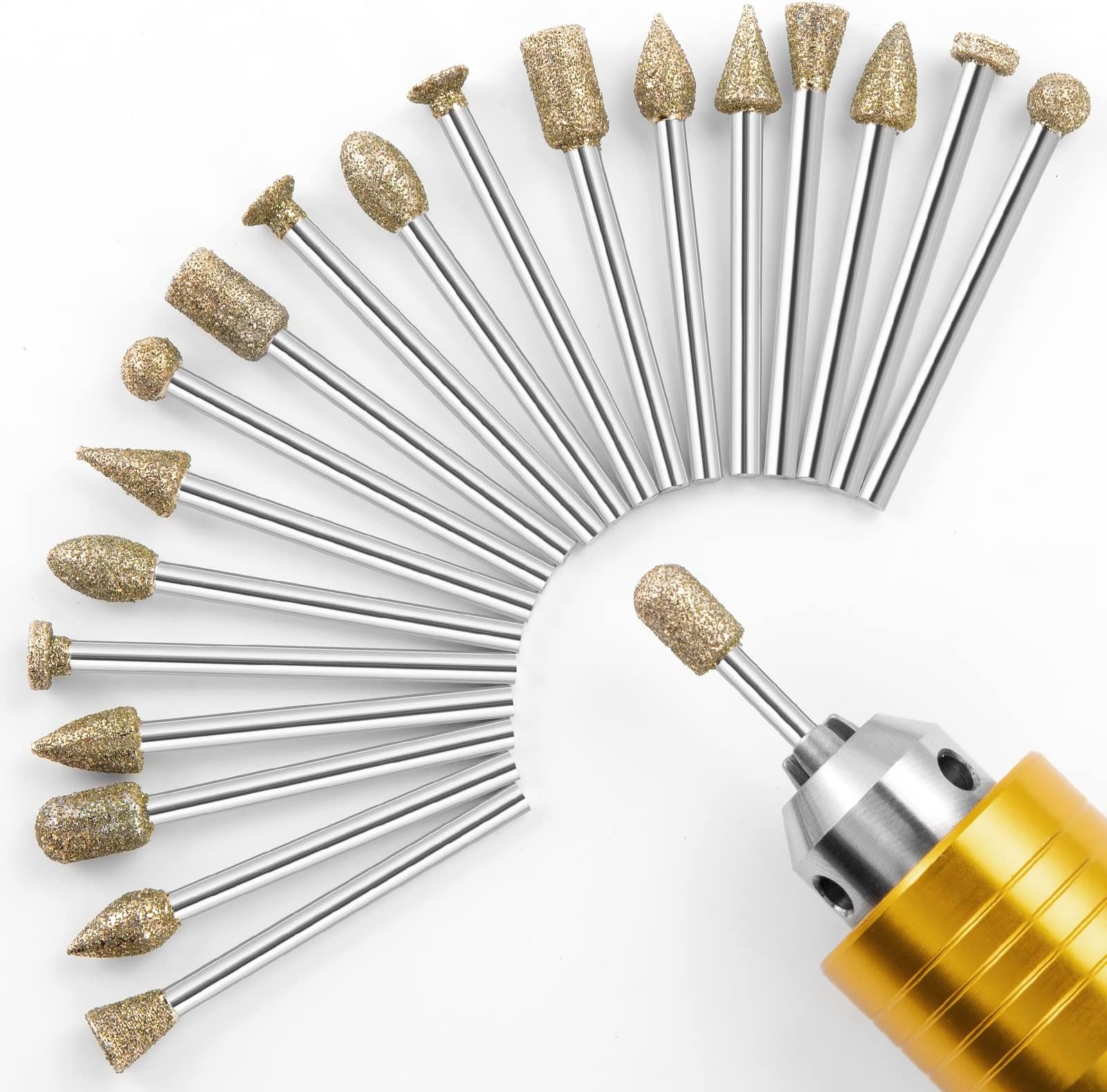 Diamond Grinding Burr Bit Set，20Pcs Rotary Tool Accessories Diamond Burr Set with i/8 inch Shank for for Stone Ceramic Glass Carving, Grinding, Polishing, Engraving