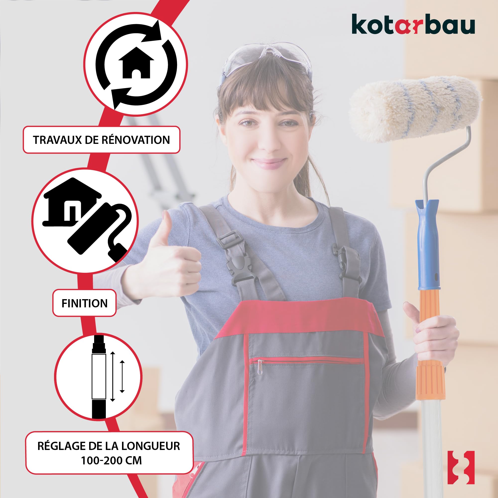 KOTARBAU® Tige Télescopique en métal Aluminium pour Rouleaux de Peinture 100-200 cm | Perche Peinture | Perche Rouleau Peinture | Perche Telescopique Peinture | Manche Telescopique Peinture