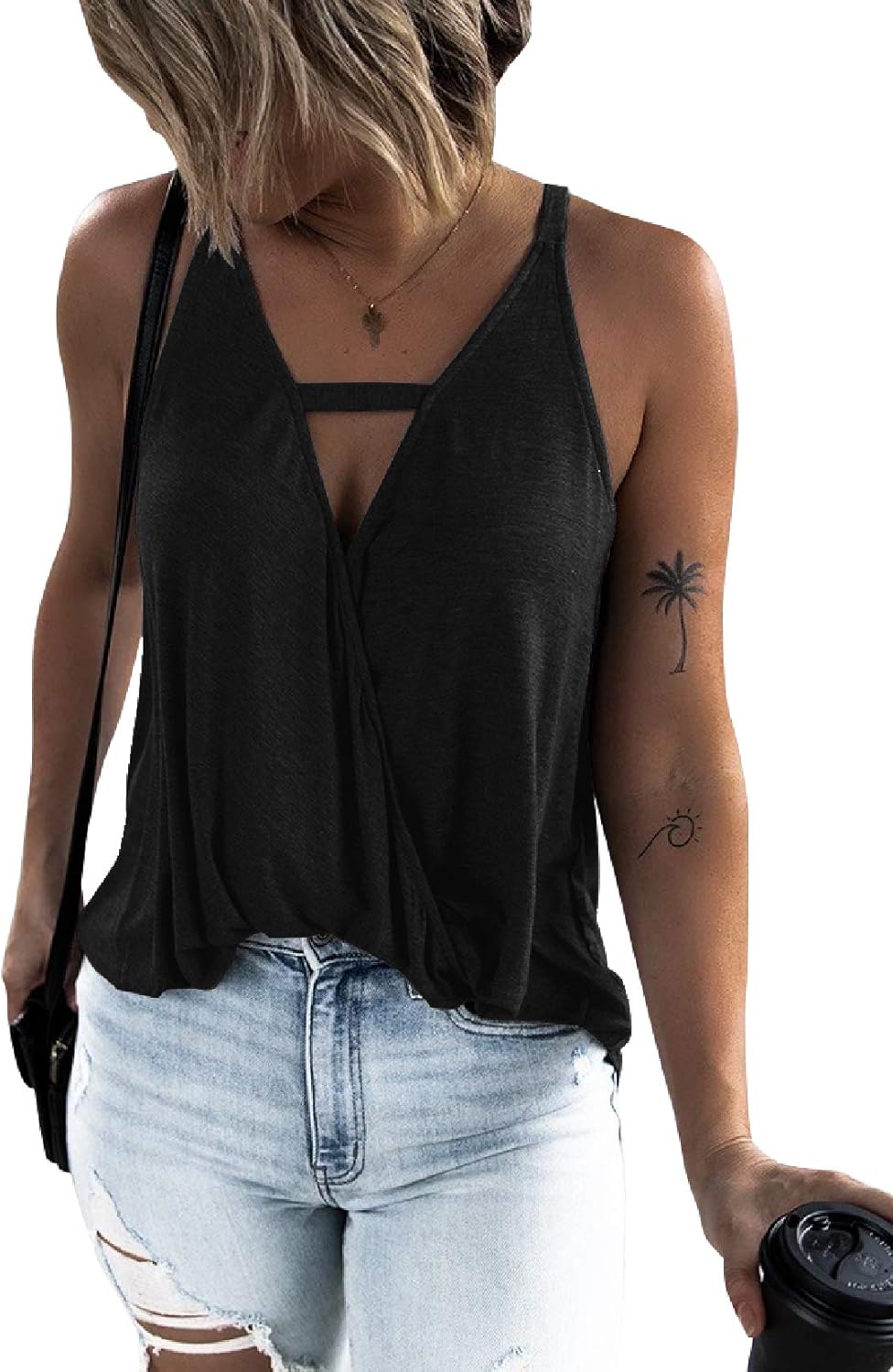 Hilltichu Women's Choker V-Neck Wrap Tank Tops