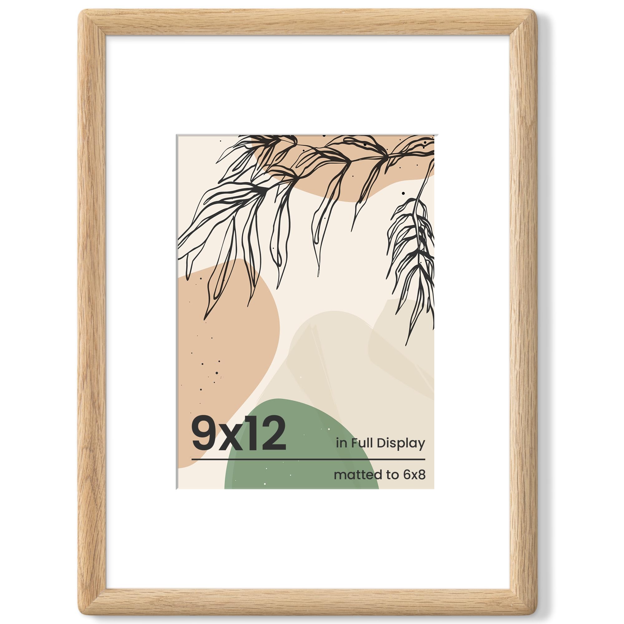 Axeman 9x12 Oak Frame - Rounded Corner 9x12 Picture Frame Matted to 6x8 - Natural Oak Wood 12x9 Frame with Tempered Glass for Wall Mount Display