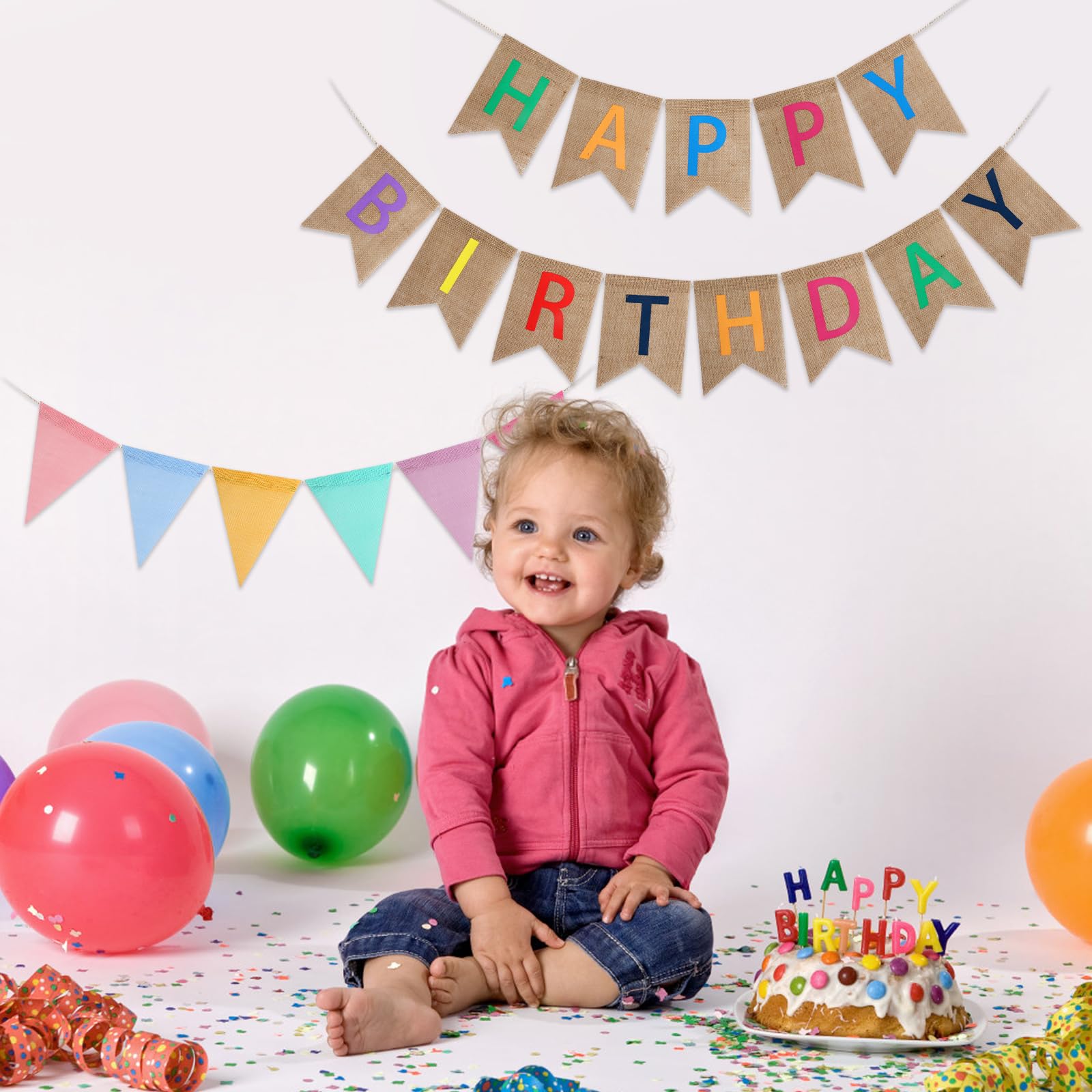ATSNOSH Decoration Anniversaire Bannière Happy Birthday + Guirlande Drapeaux Triangulaires - Fête Festive