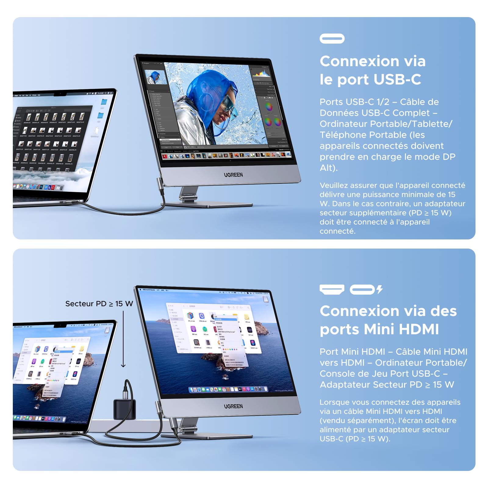 UGREEN Écran Portable 2.5K QHD 16 Pouces écran Moniteur PC IPS 2 Ports USBC
