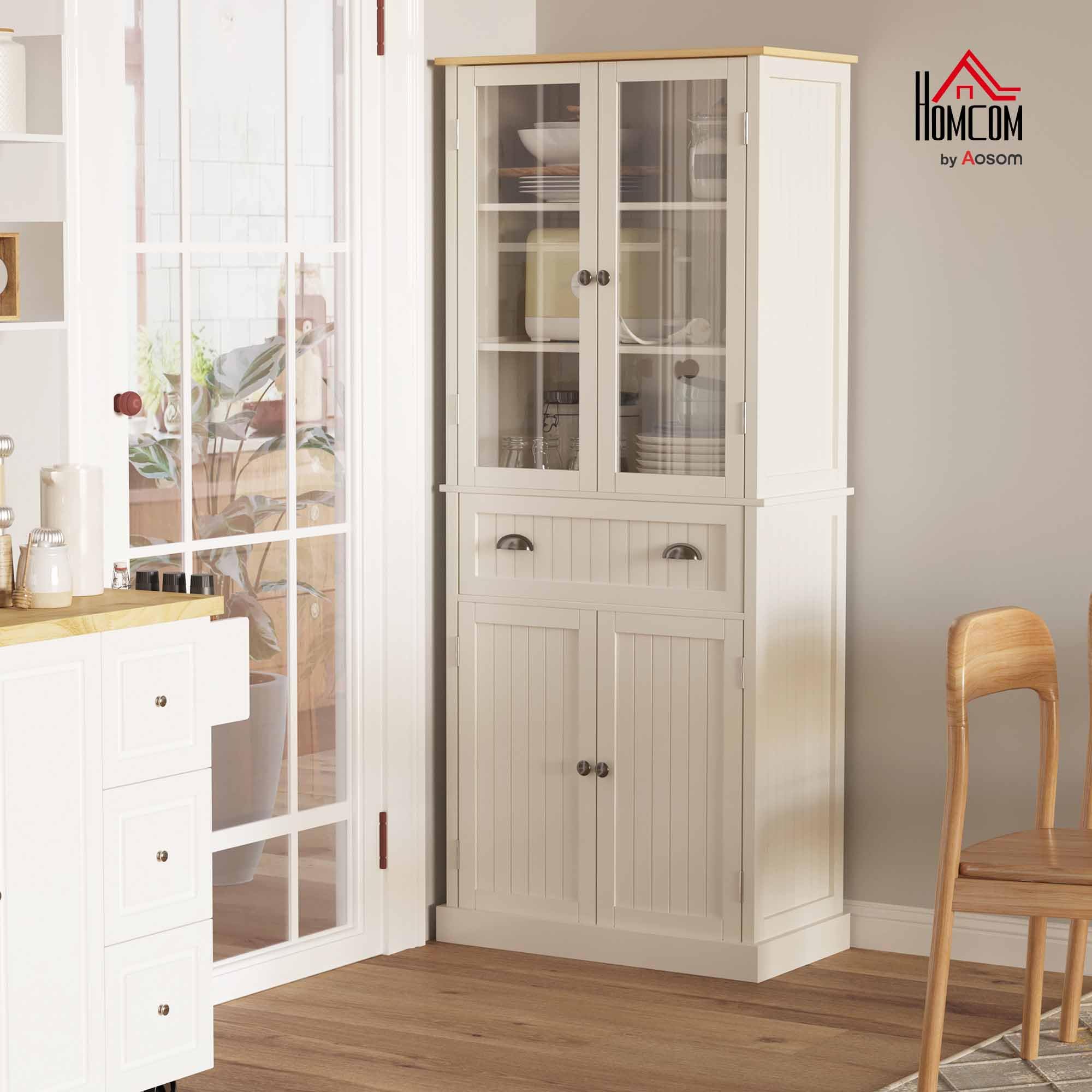 HOMCOM Mobile Dispensa a 5 Livelli con Cassetto Centrale, Dispensa per Cucina, Sala da Pranzo e Soggiorno con Ripiani Regolabili e Ante in Vetro Temperato, 76x40x182.5 cm, Bianco Crema