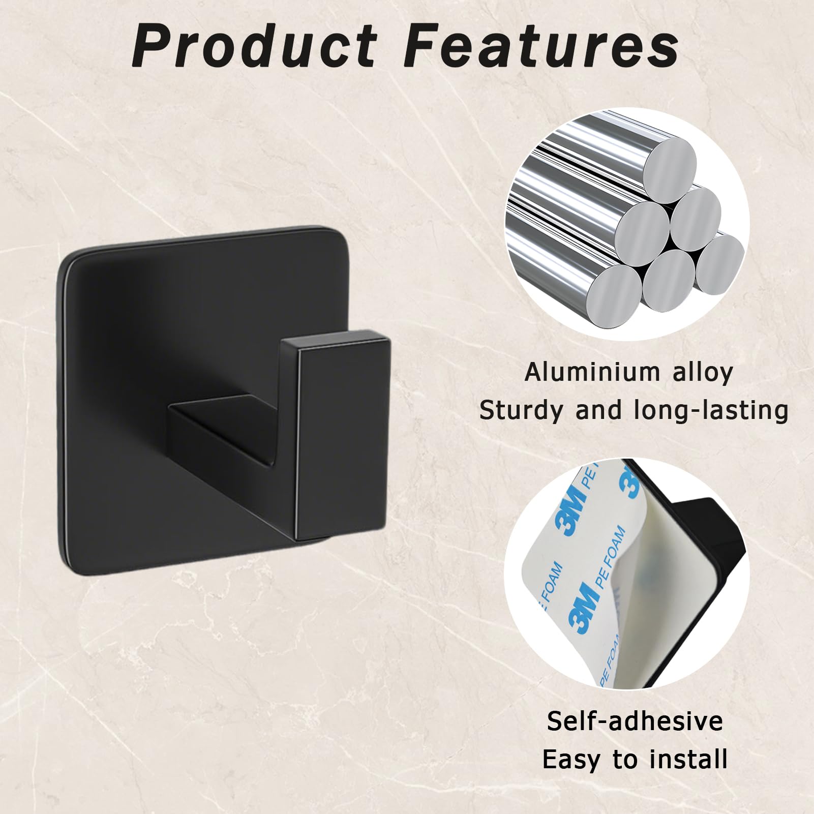 Paquete de 4 ganchos cuadrados autoadhesivos para toallas, gancho negro mate para toallas de baño, sin taladrar, gancho de pared de aluminio resistente para baño, dormitorio, cocina (2