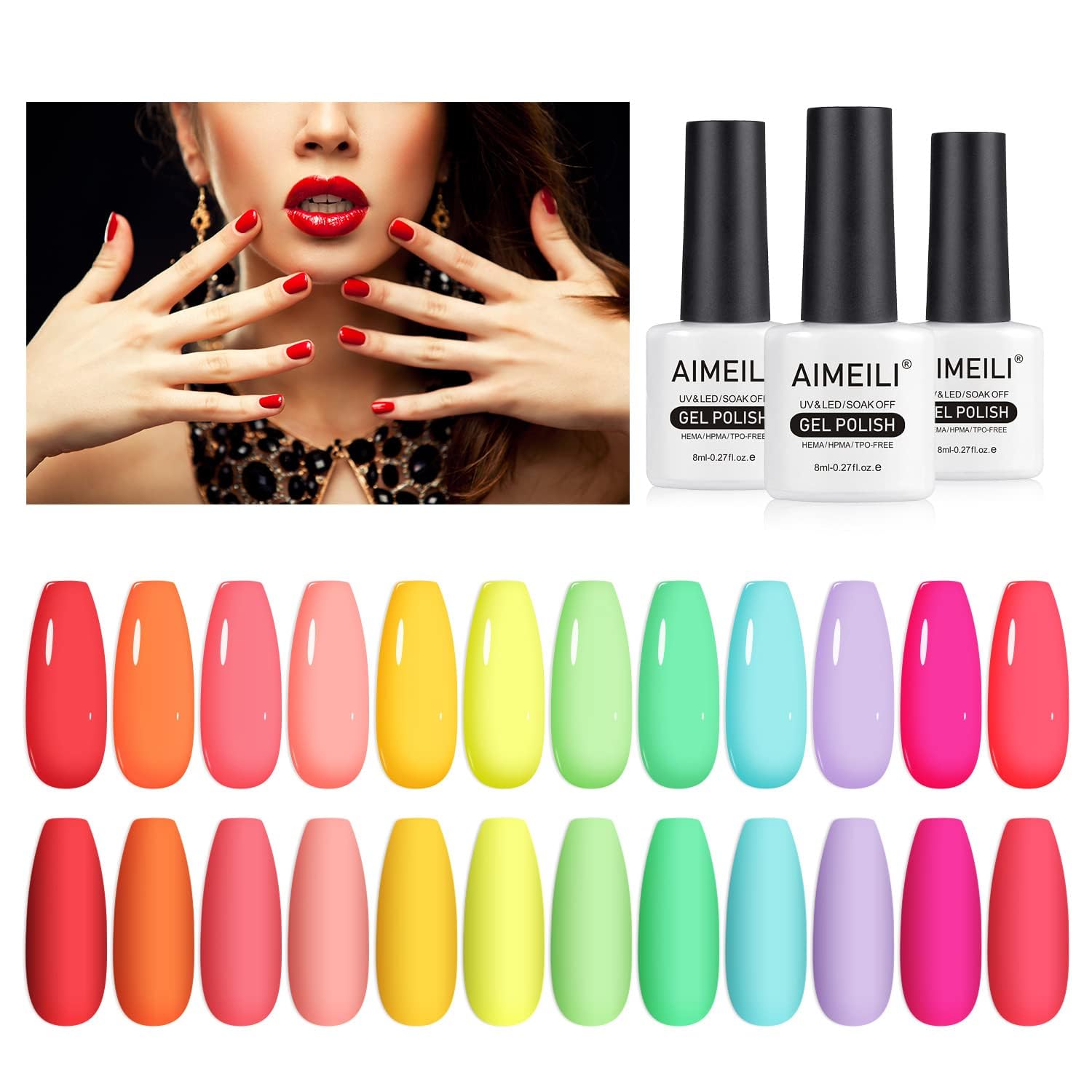 AIMEILI Neón Esmalte Semipermanentes para Uñas Kit UV LED Esmalte de Uñas en Gel Remojo Remipermanente Duradero Esmalte de Uñas Transparente Adecuado Para Manicura Arte DIY Design-12 * 8ML-Set 26