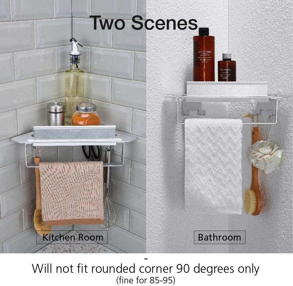 Forious Bathroom Shower corner shelf with Squeegee, Towel Ring and Robe Hooks, Kitchen and shower caddy, Patented Glue + 3M Self-Adhesive, Aluminum, Matte