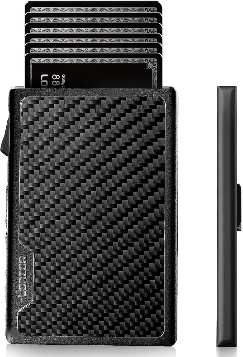 LORZOR Carbon Fiber Wallet for Men, 0.3IN Ultra-slim Minimalist Card Holder with Money Clip, Trigger Button for Quick Card Access, Ultra-light Aerospace Aluminum, RFID-Blocking, Gift Box