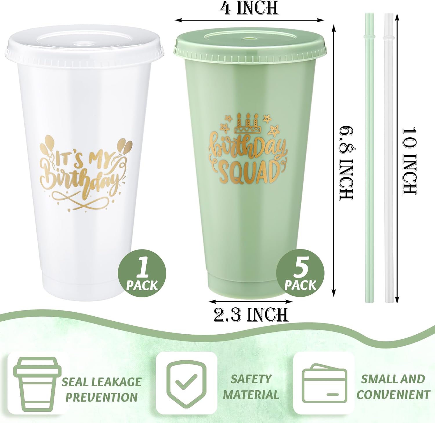 Birthday Party Tumblers 24 oz Squad Plastic Tumblers with Lid and Straw for 20th 30th 40th 50th 60th Birthday Decorations Favor for Women Adults(White, Sage Green,6 Pcs) - Image 2