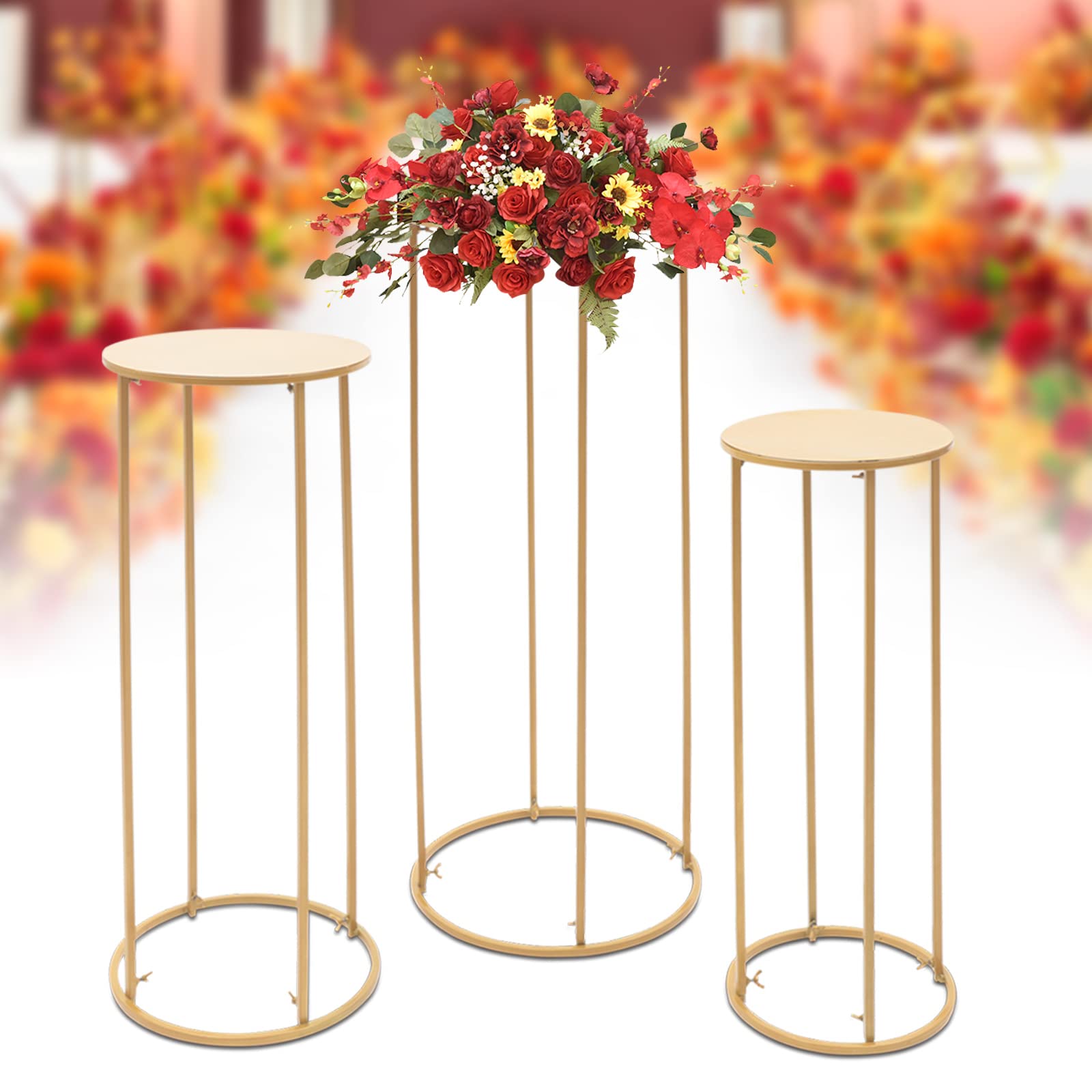 3er Set Zylindrische Blumenständer Gold, Metall Blumenständer Hochzeit, Freistehende Deko-Säulen für Blumen & Ballons, Zeremonie Party Tischdeko, stabil & wiederverwendbar