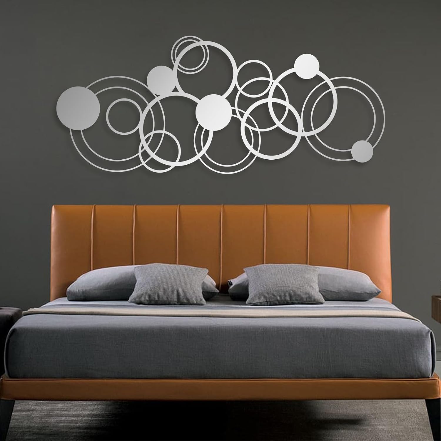 Abstract Circles Metal Wall Art, Geometrical Metal Wall Decor, Gold Circle Decorations, Circular Geometric Artwork, Large Rectangle Sign, Modern Minimalist Home Decor (Silver, 35"x15" | 90x38cm)