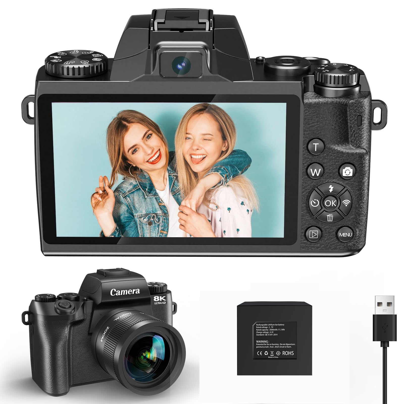 8K Digital Camera for Photography, WiFi & 4" Touch Screen Vlogging Camera for YouTube with Dual-Lens, 64MP Vlog Cameras 16X Digital Zoom with 32GB TF Card, 3000mAh Battery, Lens Hood, Black-image-15