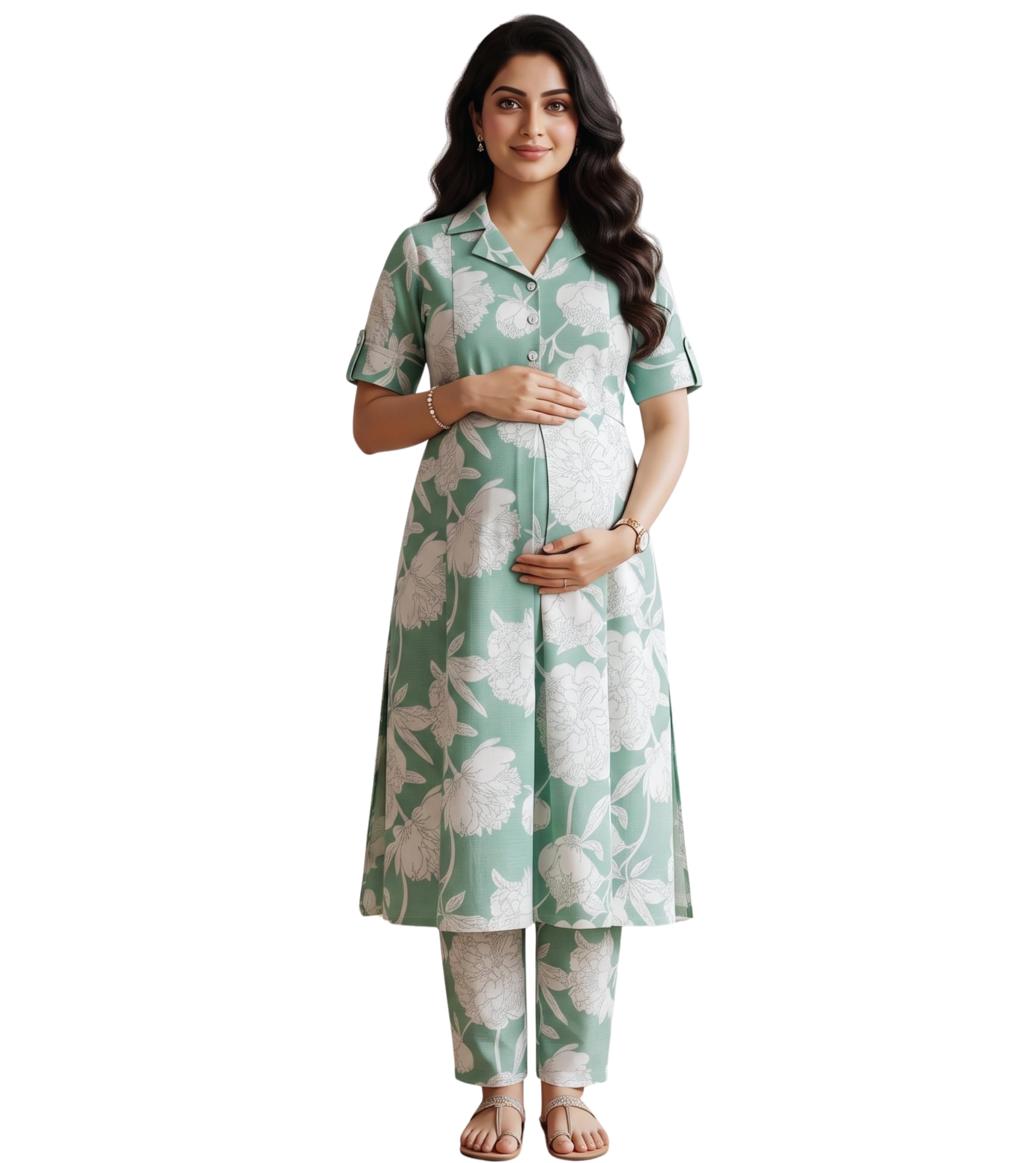 DUMMY SHAPE Maternity Dresses for Women Cotton Blend | Floral Feeding A-line Kurta Pant Set with Dual Nursing Zippers, Side Pocket to Pre & Post Partum | Baby Shower Gifts for Mom-image-13