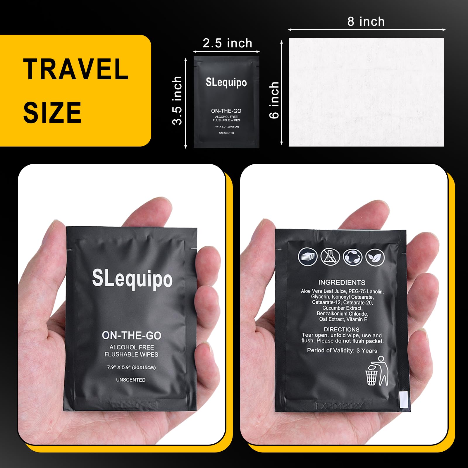 500 Pz Salviette Bagnate Flushable, Aloe Vera per Butt, Mani, Pulizia Viso, Individuo Avvolto, Formato Portatile, Ideale per Uso quotidiano, A base vegetale, Nero