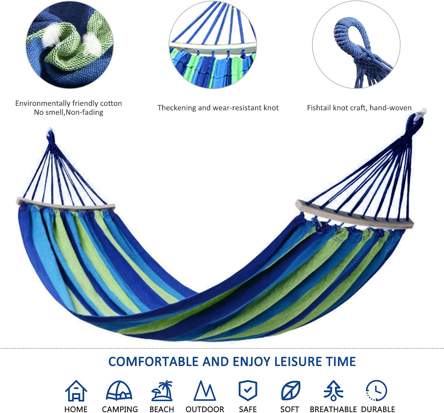 Colel Double Hammock, 2 Person Cotton Canvas Hammock 450lbs Portable Camping Hammock with Carrying Bag Two Anti Roll Balance Beam Metal Carabiner Ropes and Tree Straps for Travel Patio Garden (Blue) : Patio, Lawn & Garden