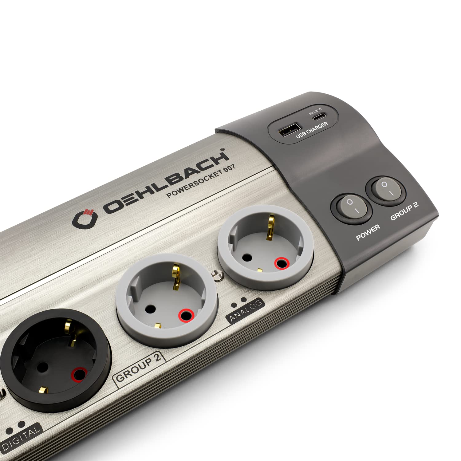 OEHLBACH Powersocket 907 MKII - Regleta de alimentación HiFi filtrado y protección contra sobretensiones (2 Ranuras USB, Cargador USB-C de 65 W y Conector USB-A) - Aluminio