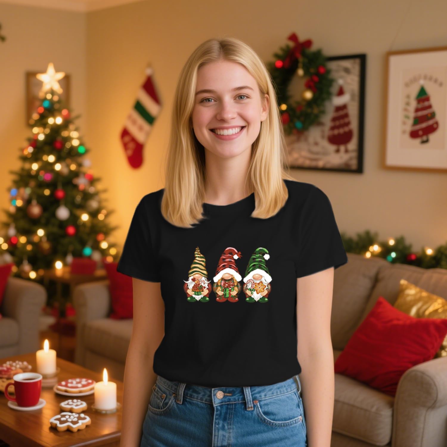 Christmas Shirts for Women Gnome Christmas T-Shirt Xmas Holiday Tee Tops - Image 2
