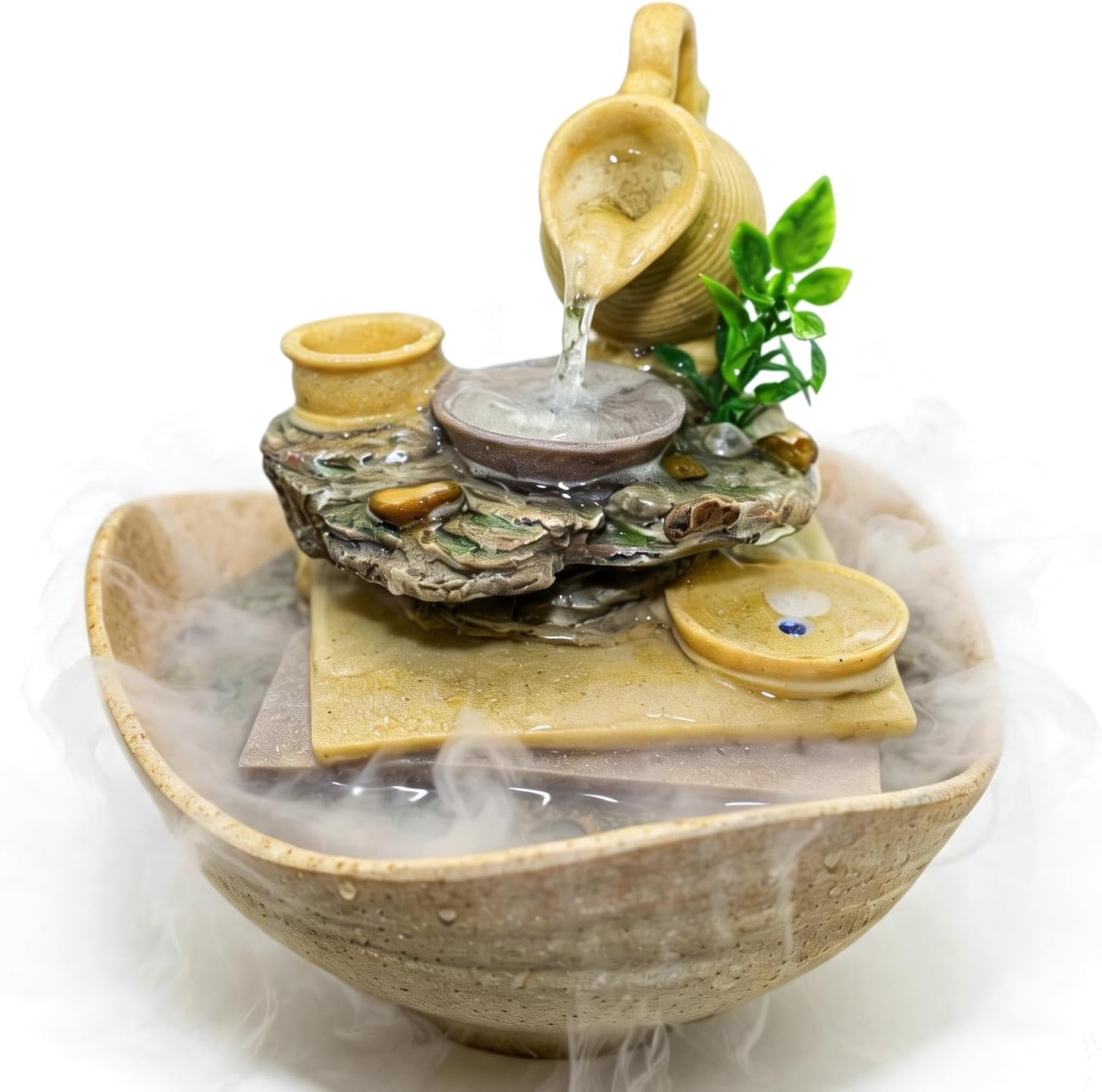 Tabletop Water Fountain, Teapot Zen Waterfall with Mist& LED | Cascading teapot with a quiet pump. Perfect indoor relaxation desk decor for home, office, or bedroom. Unique gift idea.