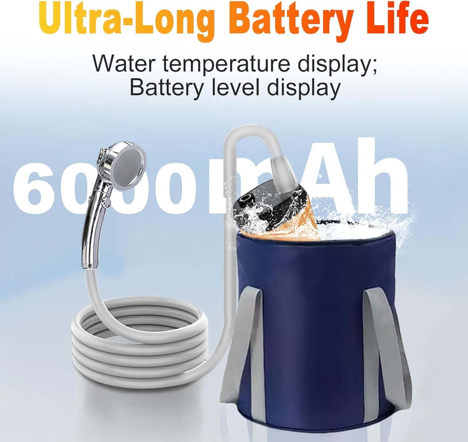 Water Pump, Portable Shower, High Lift 6.5m, Dual Screens, 2 Speed Settings for Camping, Hiking, Car Pet Washing