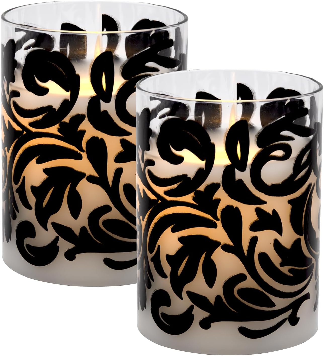 LumaBase Battery Operated LED Glass Candles with Flickering Flame, Black Baroque Swirl - Set of 2