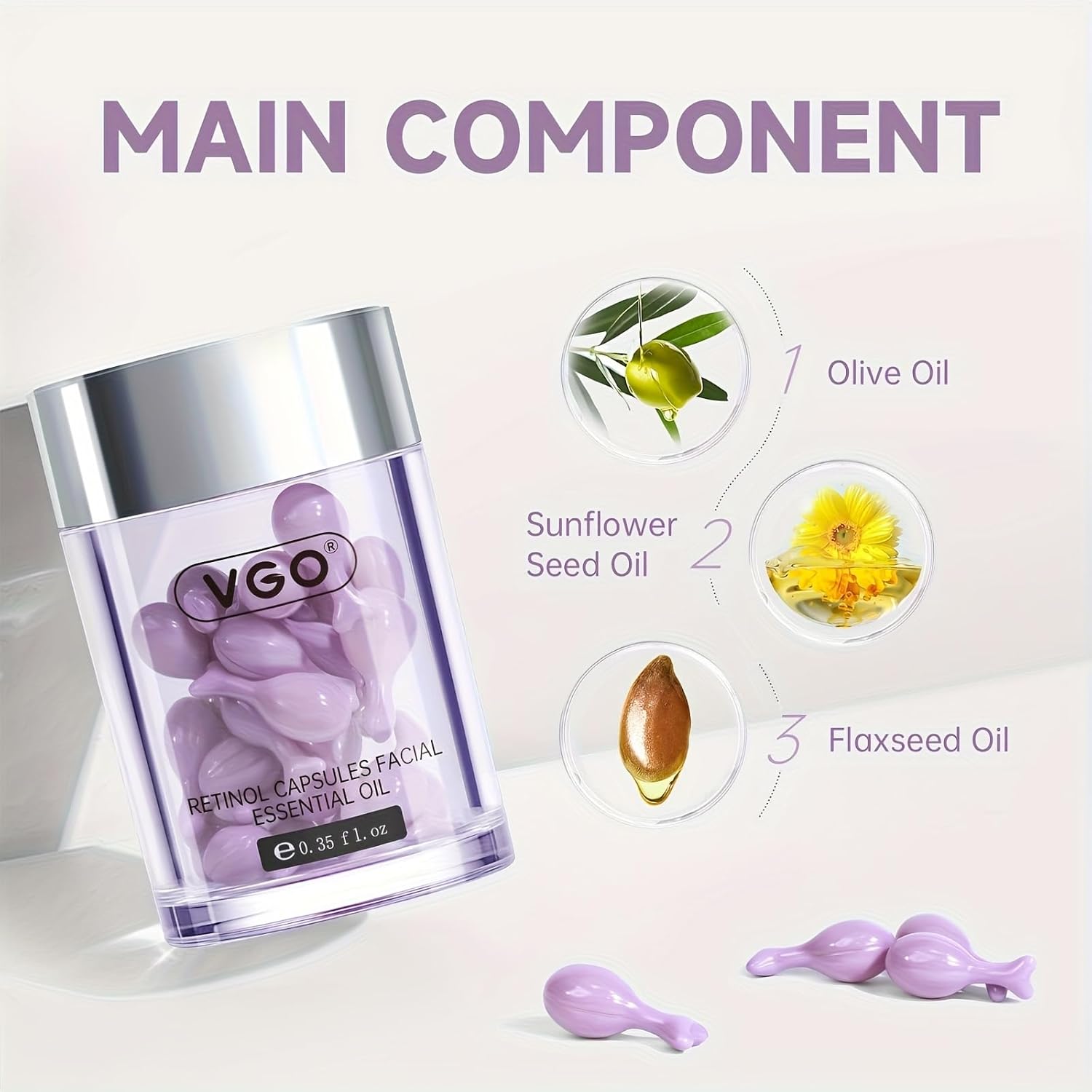 VGO Retinol Night Serum with 10 Essential Oils in Capsules, For Hydrated & Radiant Skin, 30 Capsules, 0.35 fl oz