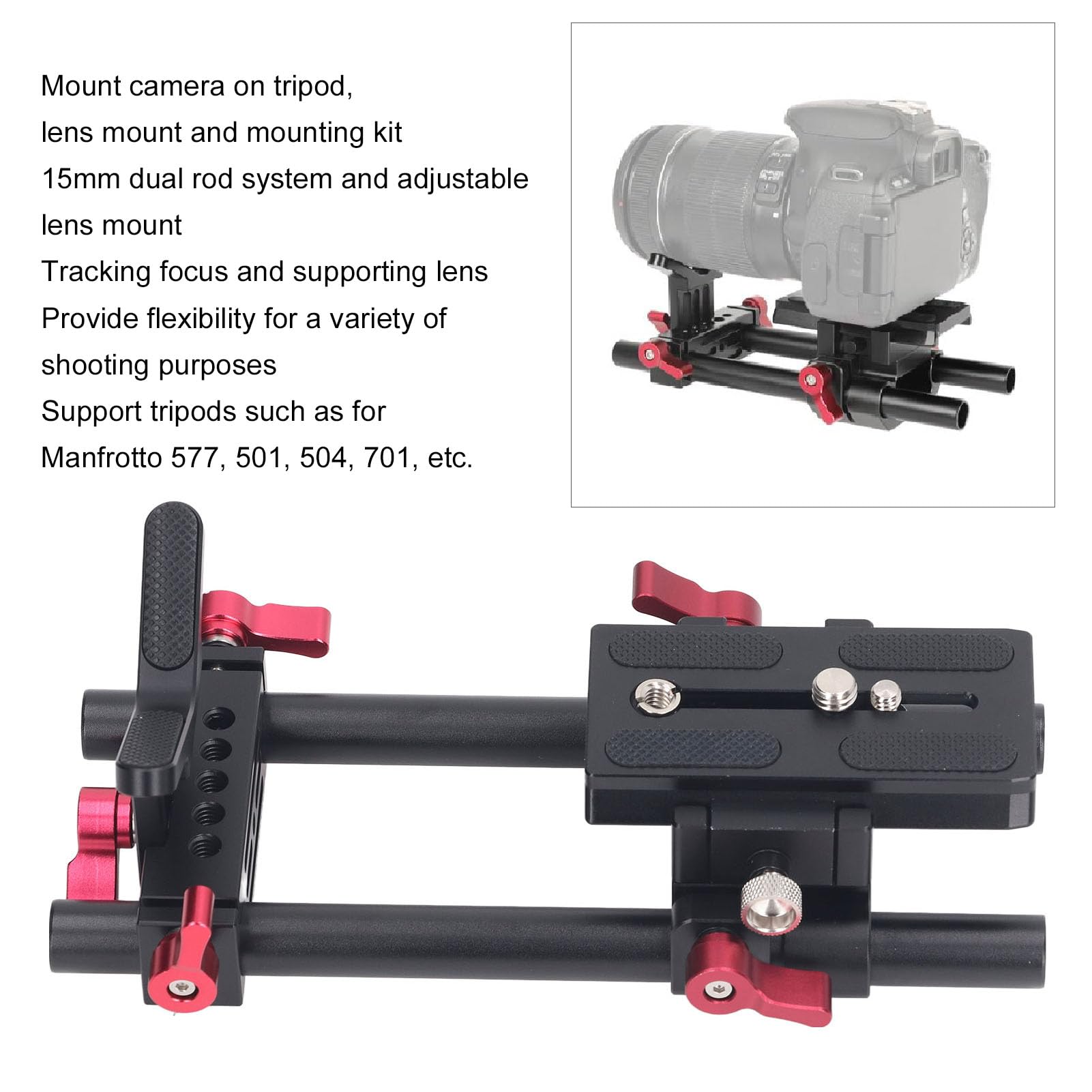 DSLR Camera Rail Riser Rig System, Kit Base a Sgancio Rapido Morsetto di Montaggio Asta a Doppia Guida Universale in Alluminio da 15 Mm con Viti Filettate da 1/4 e 3/8, per
