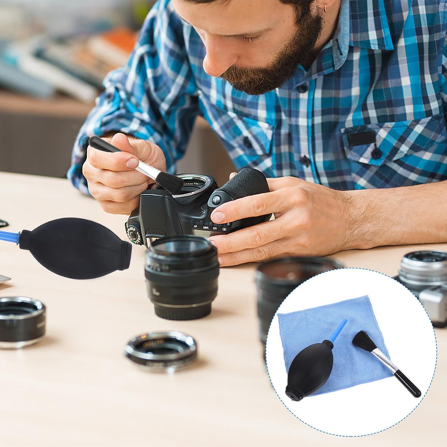 Silicone Dust Cleaning Air Blower with Flexible Nozzle and Cleaning Brush Kit for DSLR Camera Lens and Keyboard Dust Removal