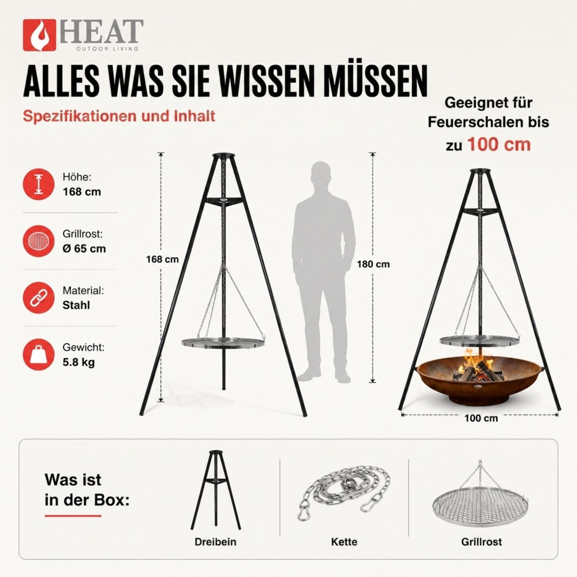 Dreibein-Grill mit Grillrost Ø 65 cm – Schwenkgrill aus Stahl – Höhenverstellbar mit Kettenzug – Stabiles Stativ für Feuerschalen, Lagerfeuer und Camping
