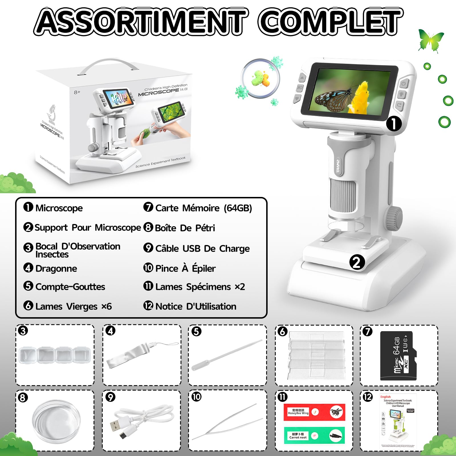 Microscope Enfant Portable avec Carte Mémoire 64Go, Écran LCD 4 Pouces, Grossissement 1600X, Prise de Photos et Vidéos
