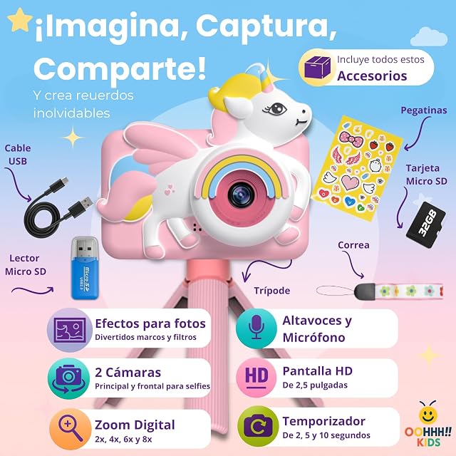 Foto 2 de 7 de Cámara Fotos Infantil Unicornio Rosa para Niña 3 4 5 6 7 8 9 10 Años, 2" 1080P con 32GB y Trípode