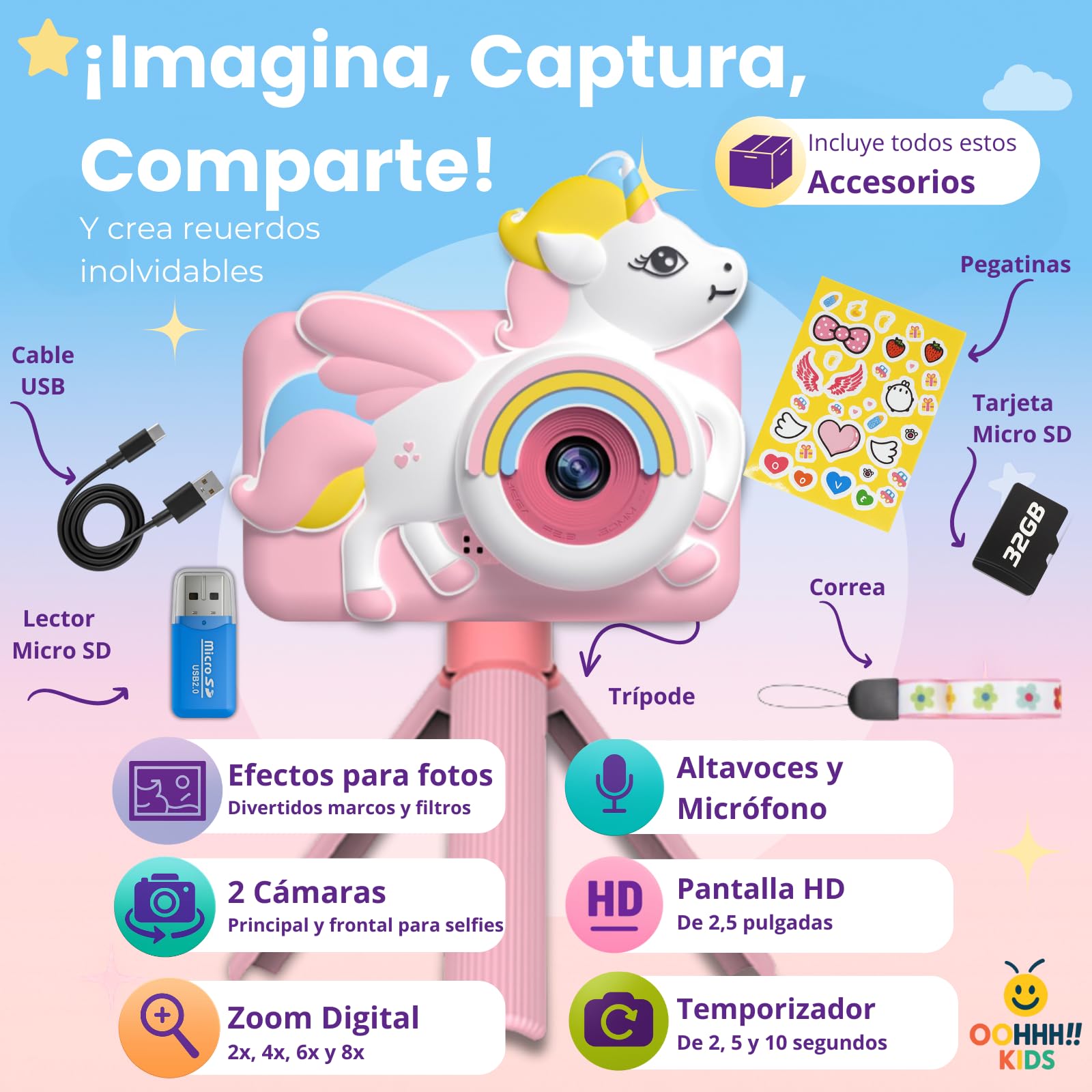 Cámara Fotos Infantil Unicornio Rosa para Niña 3 4 5 6 7 8 9 10 Años, 2" 1080P con 32GB y Trípode, Juguetes Regalo Niña Cumpleaños Navidad, Selfie MP3 Juegos Educativos