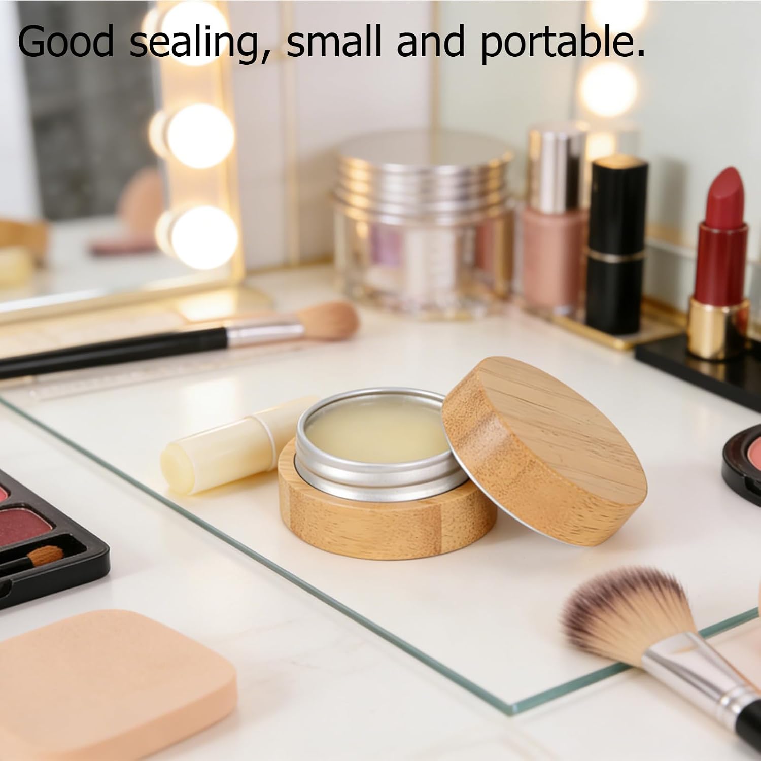 5Pcs Empty Aluminum Tin with Bamboo Shell, 10ml Mini Sample Containers Lip Balm Jars, Round Bamboo Cosmetic Jars Refillable Containers with Screw Lids for Make Up Lotion Eye Cream Lip Gloss