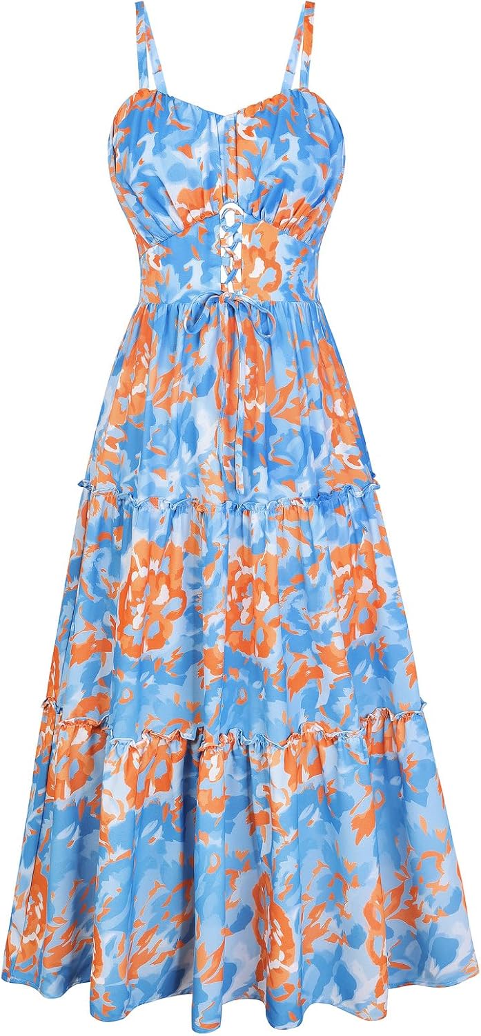 GRACE KARIN Women's Summer Floral Dress 2026 Boho Spaghetti Strap Smocked Tiered Casual Maxi Long Sundress with Pockets