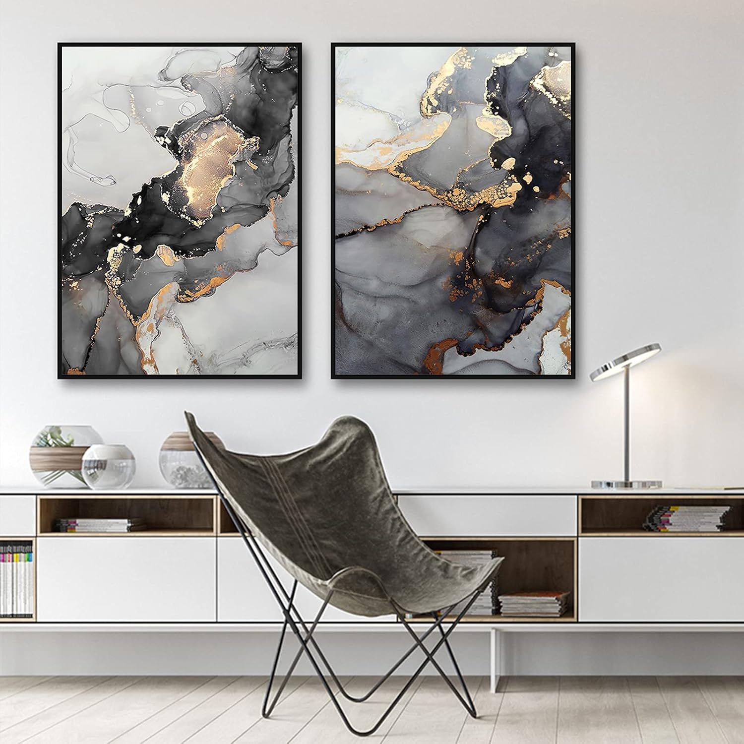 Print on Canvas Black and Gold Marble Wall Decor Gray Abstract Canvas Painting Wall Art Nordic Print Scandinavian Room Decor Picture Unframed (16x24inchx2 Unframed)