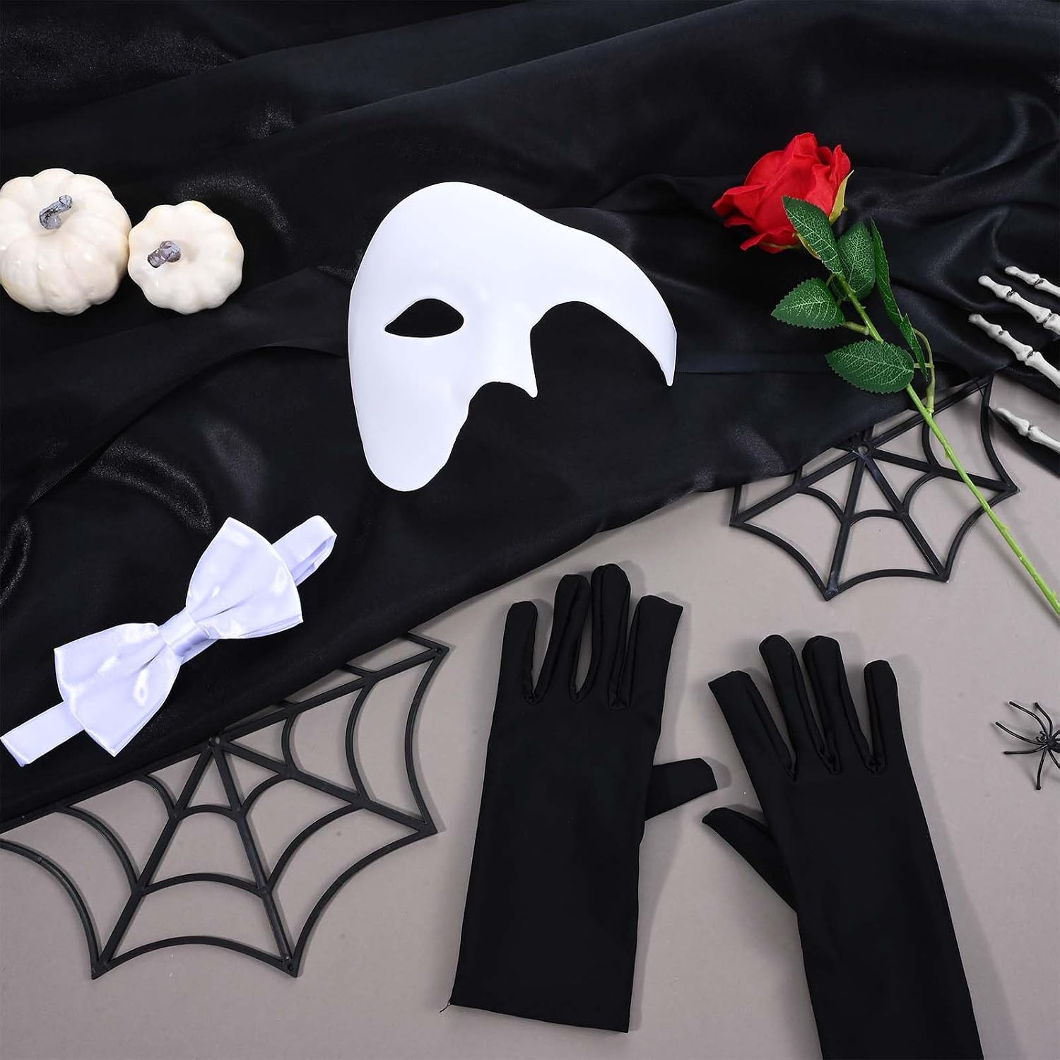 5 Pcs Opera Costume Set with Black Cape White Mask Bow Tie Gloves and Red Rose for Adult Halloween Cosplay Funny Party Dress up Accessories