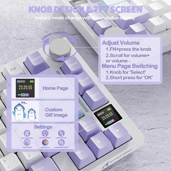YINDIAO ATTACK SHARK X820 Ultra Gasket Mechanical Keyboard with TFT Screen & Knob, 75% ANSI Layout, 2.4Ghz/BT/Wired, 5 Sound Absorbing Foams, Hot-Swap Linear Switch, for PC,MAC (Purple, Shark Switch)