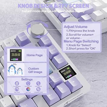 YINDIAO ATTACK SHARK X820 Ultra Gasket Mechanical Keyboard with TFT Screen & Knob, 75% ANSI Layout, 2.4Ghz/BT/Wired, 5 Sound Absorbing Foams, Hot-Swap Linear Switch, for PC,MAC (Purple, Shark Switch)