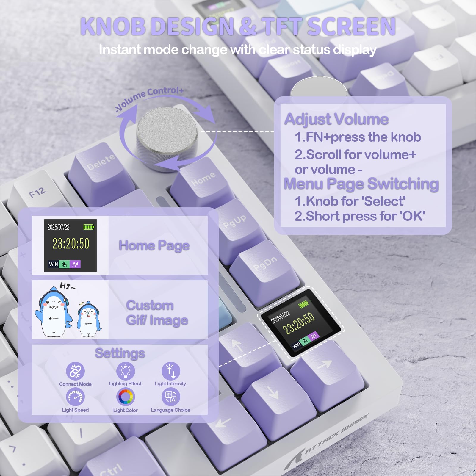 YINDIAO ATTACK SHARK X820 Ultra Gasket Mechanical Keyboard with TFT Screen & Knob, 75% ANSI Layout, 2.4Ghz/BT/Wired, 5 Sound Absorbing Foams, Hot-Swap Linear Switch, for PC,MAC (Purple, Gift Switch)